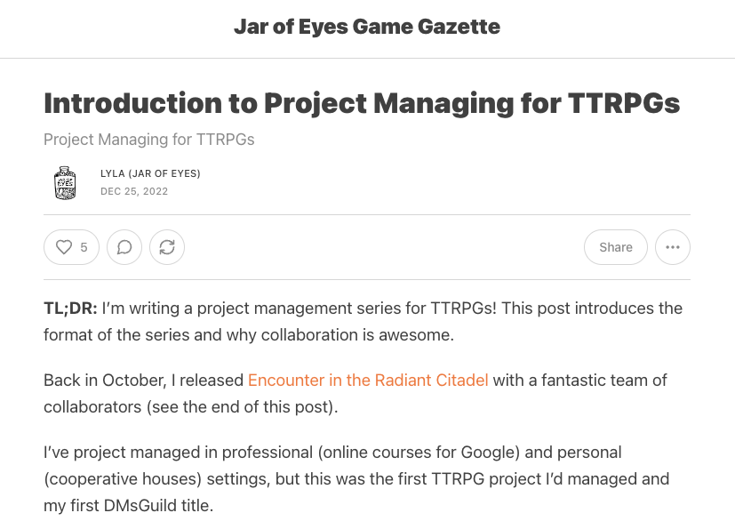 Project Management for TTRPGs Substack Series